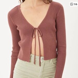 NWT Zara Ribbed Knit Tie-Front Sweater in Mauve/Dusty Rose Size M